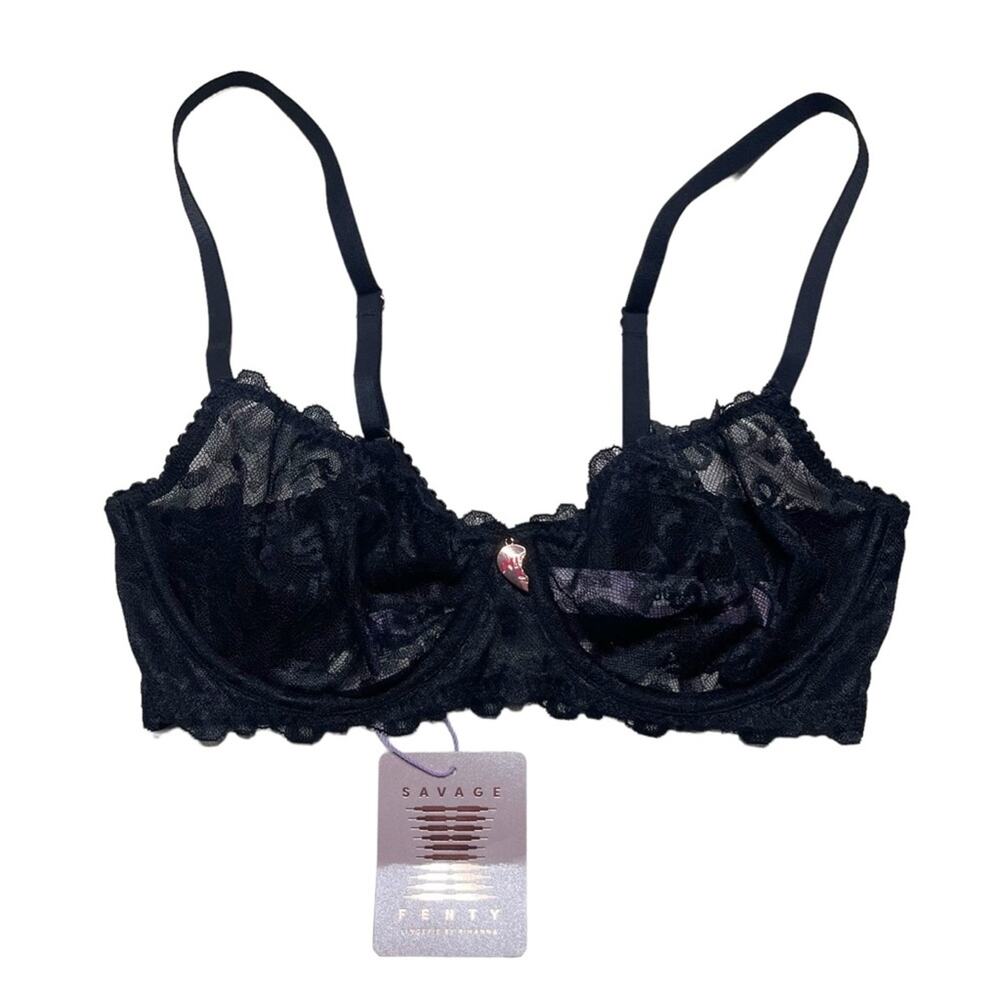 Savage X Fenty Lovestruck Lace Unlined Balconette Bra Caviar Size 32D